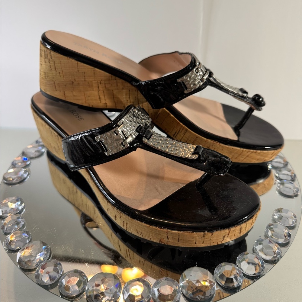 TARYN ROSE, 🌹 Elegant Black and Tan Wedge Shoes with Ornate Metal Buckle EUC